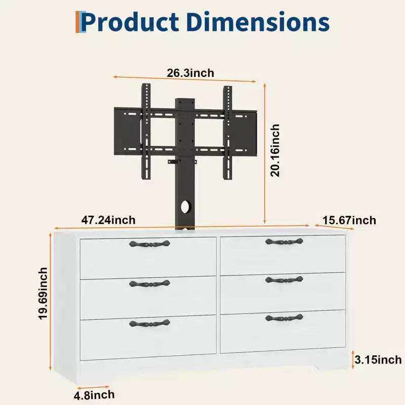 Meuble TV moderne de 63 pouces avec support pour téléviseur de 75 pouces, console multimédia à hauteur réglable avec 6 tiroirs, centre de divertissement robuste en MDF pour salon, chambre à coucher