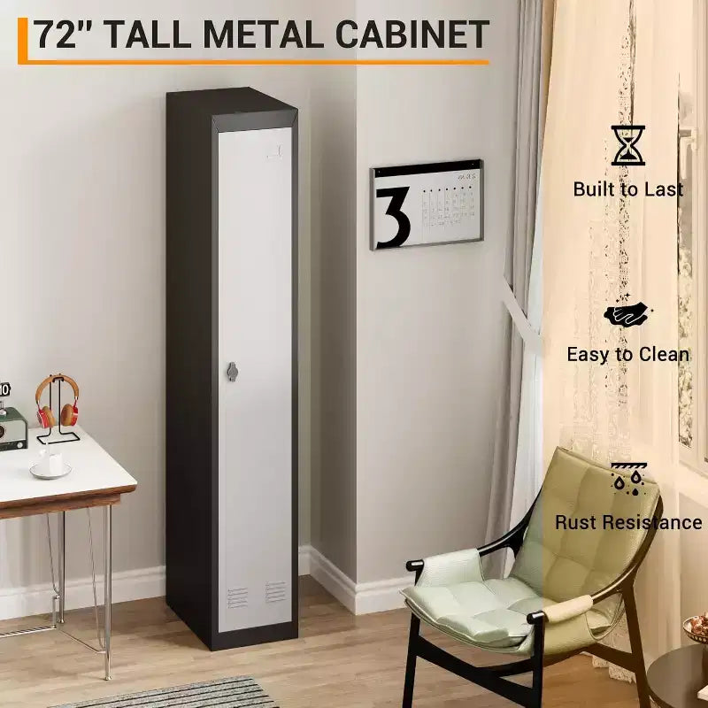 Armoire de rangement métallique de 72 po avec 1 porte, casiers pour employés et étudiants avec étagères, casier de rangement métallique en acier pour l'école, le bureau, la salle de sport, gris et noir