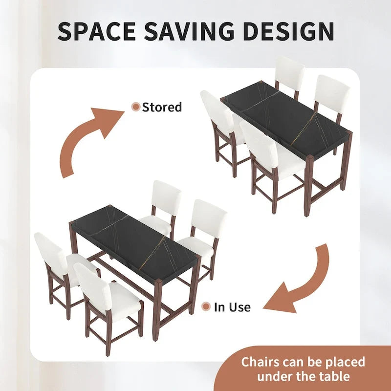 Ensemble de salle à manger 5 pièces à hauteur de comptoir, table de bar en faux marbre et 4 chaises rembourrées