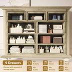 Commode à 9 tiroirs pour chambre à coucher, commode en bois avec grands tiroirs et poignées en métal