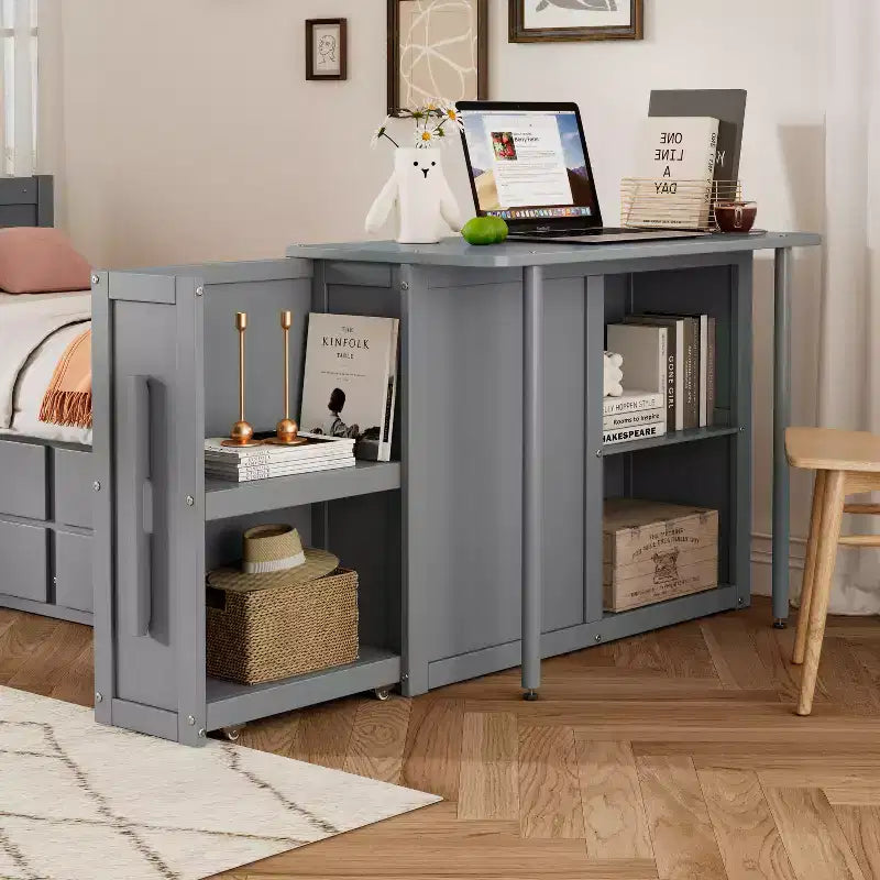 Lit plate-forme en bois simple avec bureau et étagère de rangement, Cadre de lit en bois simple/grand avec lit gigogne et 3 tiroirs