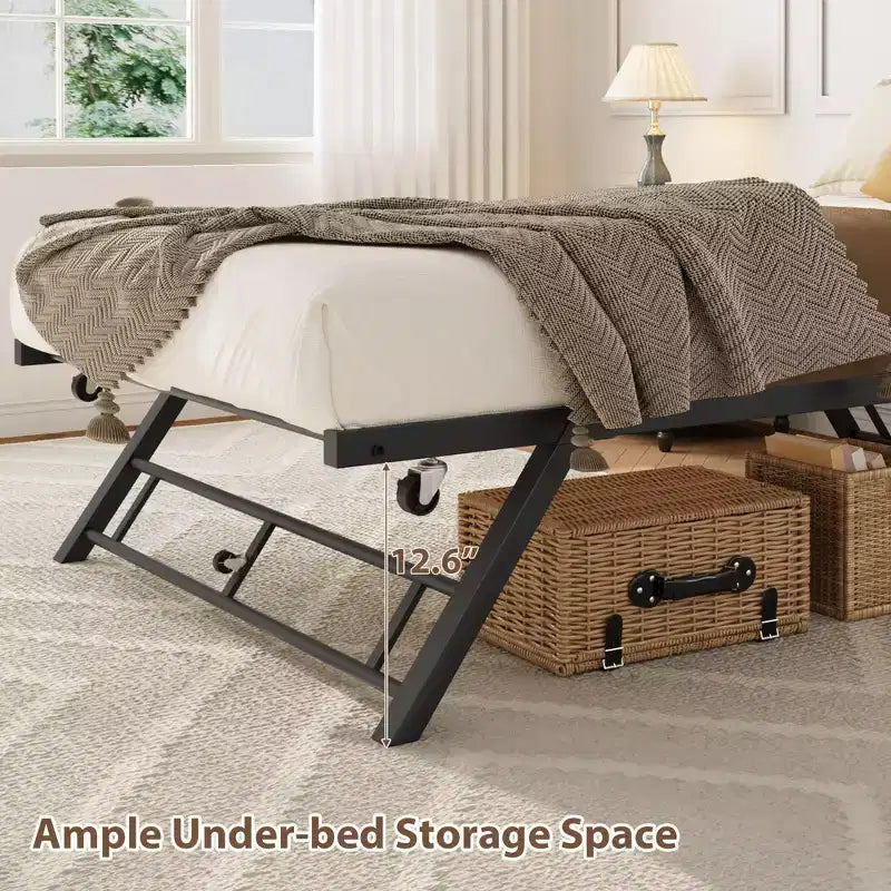 Lit gigogne double avec roulettes verrouillables - Cadre de lit pliant en métal escamotable pour chambre à coucher, chambre d'amis et salon