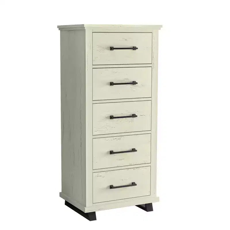 Festivo Ensemble Contemporain 3 pièces Commode 5 tiroirs 24 et Table de Chevet 3 tiroirs Blanc cassé Scié : MDF, Pieds en Métal, Anti-basculement