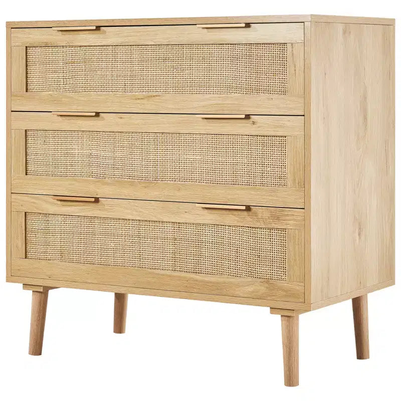 Commode 3 tiroirs en rotin VEVOR, Commode de placard en rotin naturel avec 3 tiroirs, Organisateur et rangement de vêtements de poitrine en bois moderne de style bohème, Couleur bois