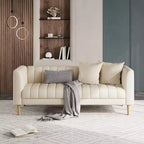 Canapé moderne en similicuir 83, 3 places avec assise profonde et pieds en bois, coussins ergonomiques et 2 coussins décoratifs pour salon, chambre ou appartement