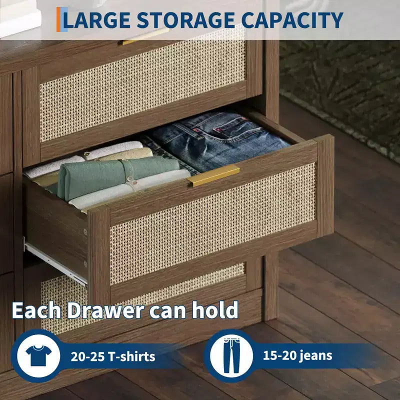 Commode à 6 tiroirs GustoWave pour chambre à coucher, commode en rotin de 133,8 cm de large, en bois avec poignées dorées, meuble TV de style ferme, table d'entrée, chiffonnier