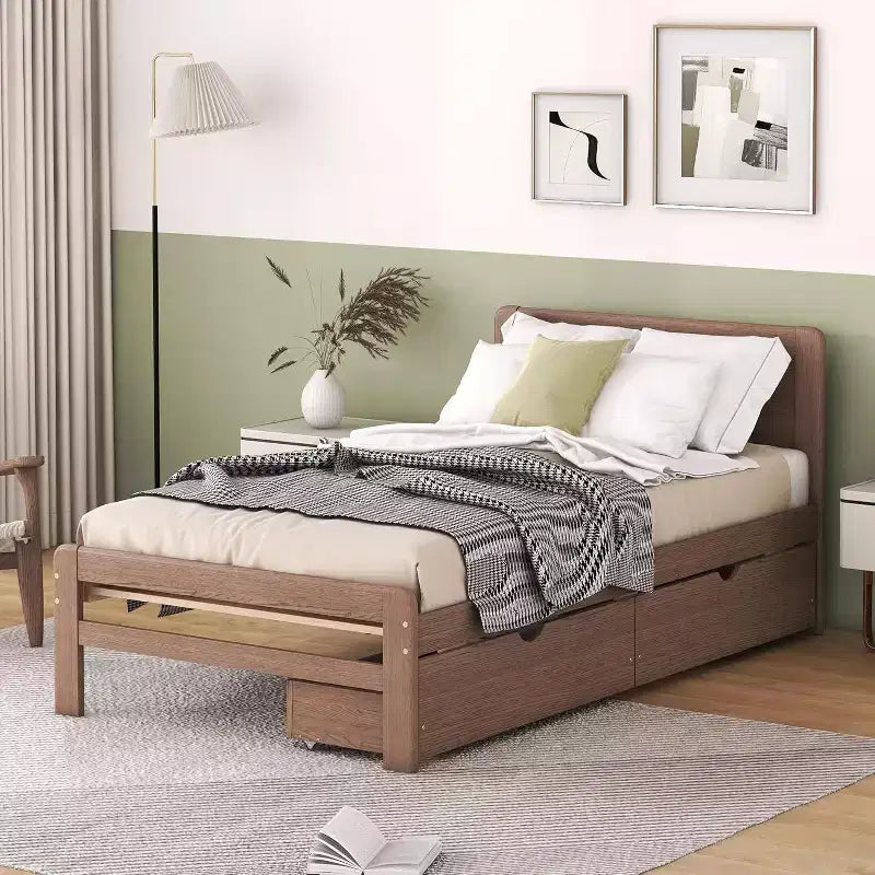 Lit plateforme double Acekool avec 2 tiroirs de rangement gigognes, tête de lit, cadre robuste, aucun sommier tapissier requis, gain de place pour chambre d'enfants ou d'amis