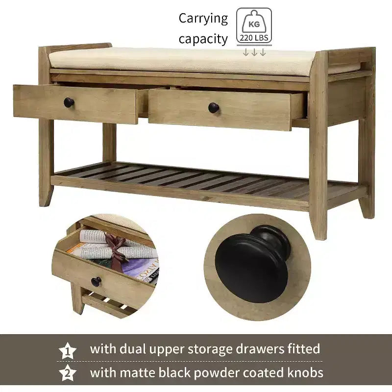 Banc de rangement de ferme Acekool 35,4" avec coussin, banc d'entrée à 2 niveaux avec étagère et 2 tiroirs pour chambre, couloir, salon, finition gris délavé