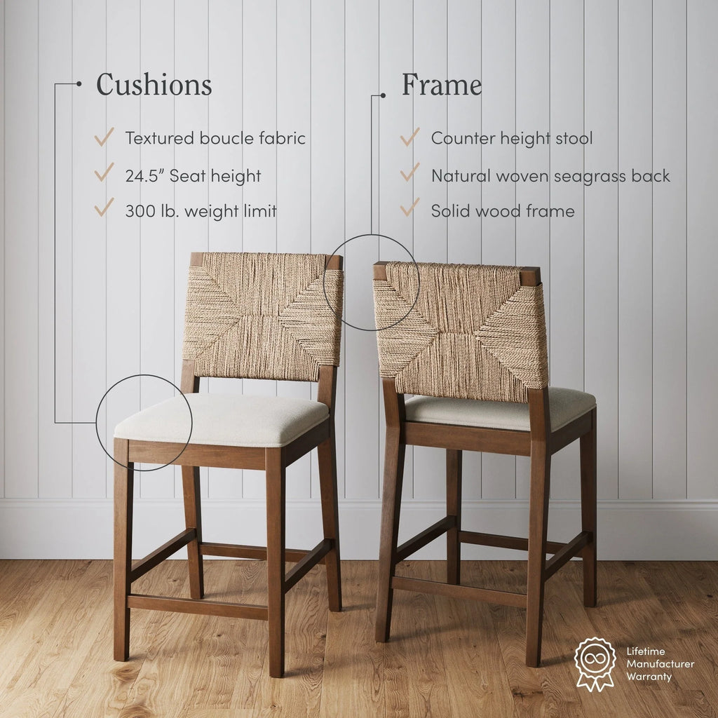 Tabouret de bar Beacon Bohemian Boucle, Chaise de comptoir rembourrée avec structure en bois massif et dossier en jonc de mer tressé