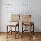 Tabouret de bar Beacon Bohemian Boucle, Chaise de comptoir rembourrée avec structure en bois massif et dossier en jonc de mer tressé