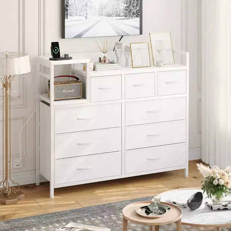 COZONY Commode de rangement à 9 tiroirs de 86,4 cm de haut et meuble TV, Tour de rangement en tissu, Rangement à cadre en acier robuste pour le salon, utilisation dans les petits espaces