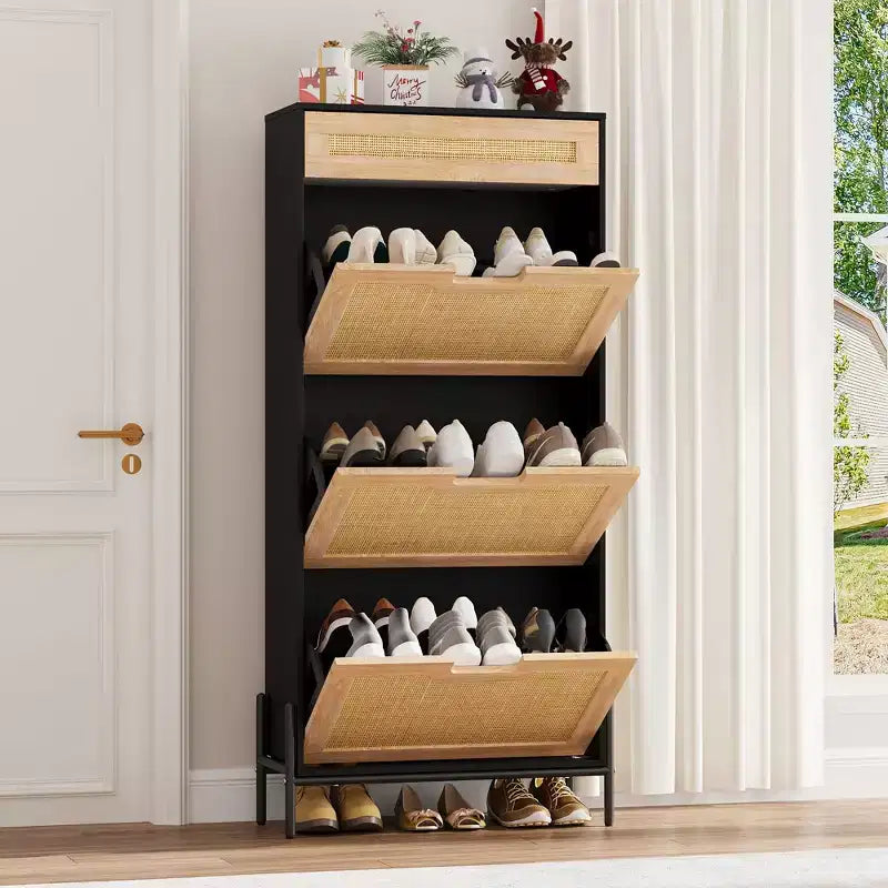Meuble à chaussures en rotin naturel, 3 portes abattantes avec 1 tiroir, meuble de rangement autonome avec étagères réglables à 3 niveaux pour l'entrée