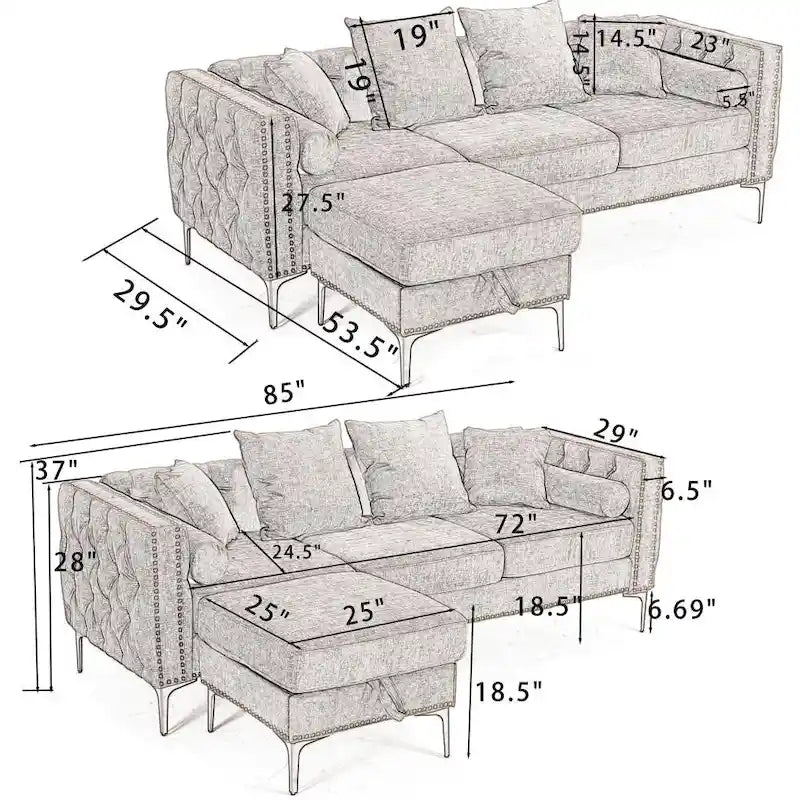 Canapé sectionnel convertible moderne en forme de L en chenille capitonnée