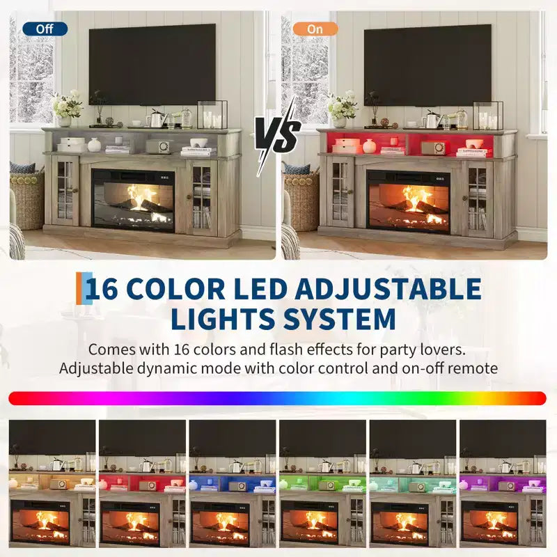 Meuble TV compatible 70 pouces, Console multimédia 58 pouces, Meuble TV moderne effet bois avec lumières LED, Rangement avec portes en verre et étagères réglables