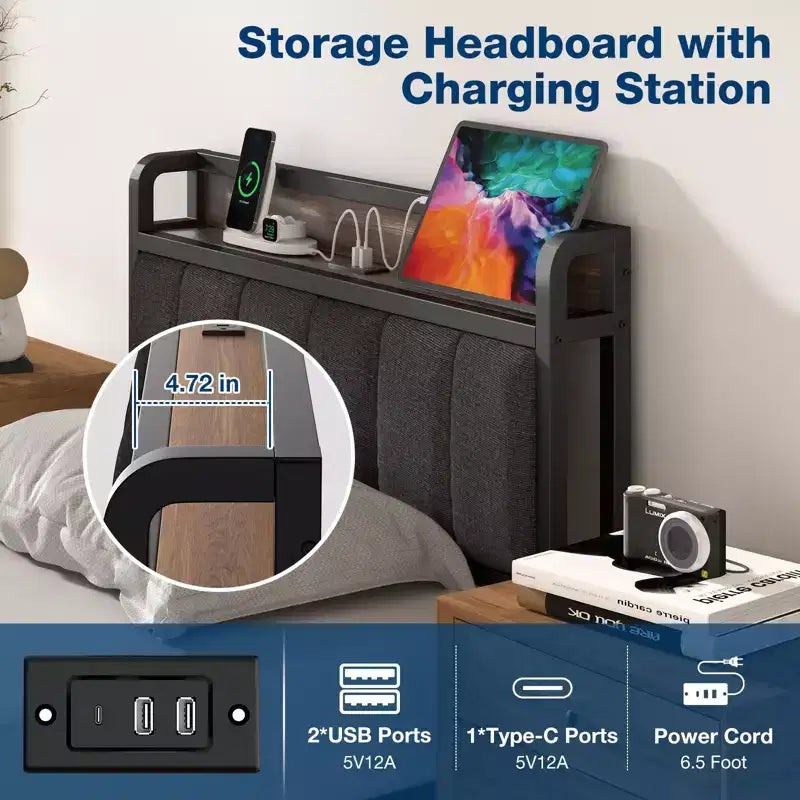 Lusimo Cadre de lit Twin XL, Lit plateforme rembourré avec tête de lit de rangement et station de charge