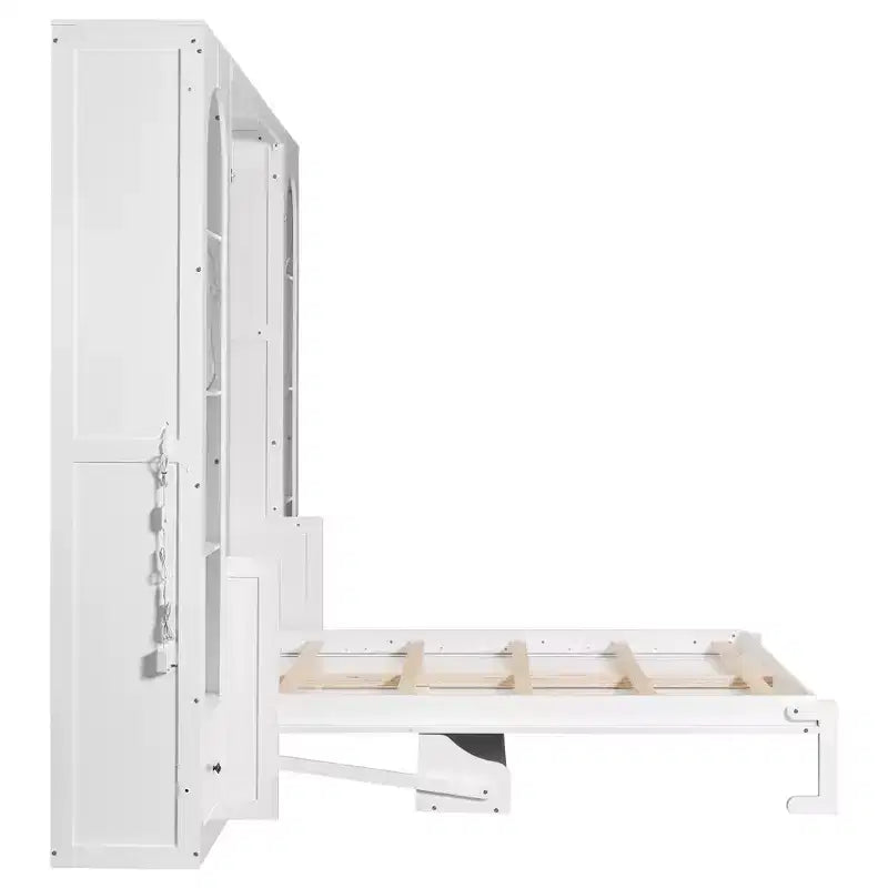 Lit escamotable Queen Size avec armoires latérales et éclairage LED, lit armoire pliant avec étagères de rangement et tiroirs pour chambre d'amis, blanc
