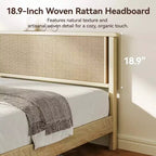 Cadre de lit plateforme Dyonery Queen Size en rotin et bois - Tête de lit bohème naturelle, lattes en bois robustes, silencieux, aucun sommier tapissier requis, poids maximal de 360 kg