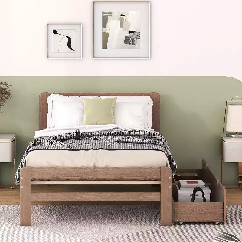 Lit plateforme double Acekool avec 2 tiroirs de rangement gigognes, tête de lit, cadre robuste, aucun sommier tapissier requis, gain de place pour chambre d'enfants ou d'amis