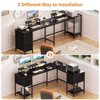 Bureau d'ordinateur en L noir de 168 cm avec station de charge, bureau de jeu de 240 cm de long pour deux personnes, 4 tiroirs, 2 supports d'écran, rangement pour bureau à domicile