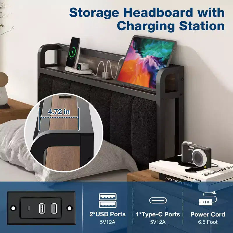 Lusimo Cadre de lit Twin XL, Lit plateforme rembourré avec tête de lit de rangement et station de charge