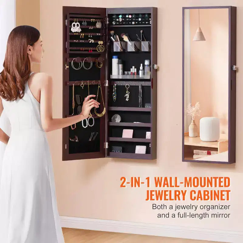 VEVOR Armoire à Bijoux avec Miroir, Armoire à Bijoux Verrouillable de 108 cm de Haut avec Miroir sur Pied, Miroir à Bijoux Mural ou à Suspendre à la Porte, Marron