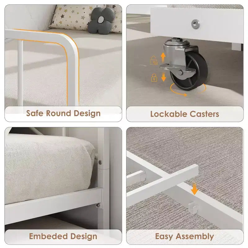 Lit de repos avec lit gigogne et lumière LED, cadre de lit double avec tête de lit rembourrée et station de charge, cadre de lit de repos en métal ou pour salon