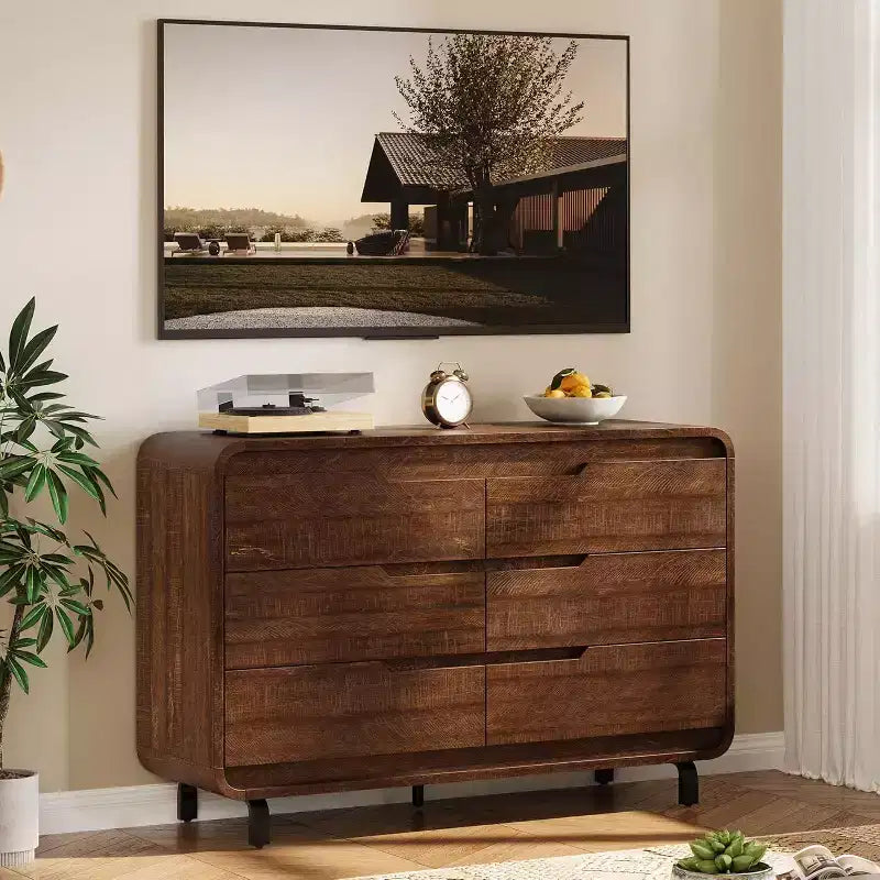 Commode à 6 tiroirs GustoWave, commode en bois avec pieds en métal et kit anti-basculement, meuble de rangement à coins arrondis pour chambre ou salon