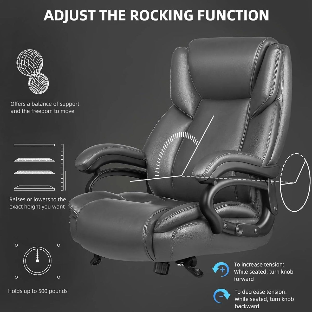 Chaise de bureau de direction Bossin grande taille et forte, 500 lb, avec support lombaire réglable, chaise ergonomique en cuir PU à dossier haut pour ordinateur