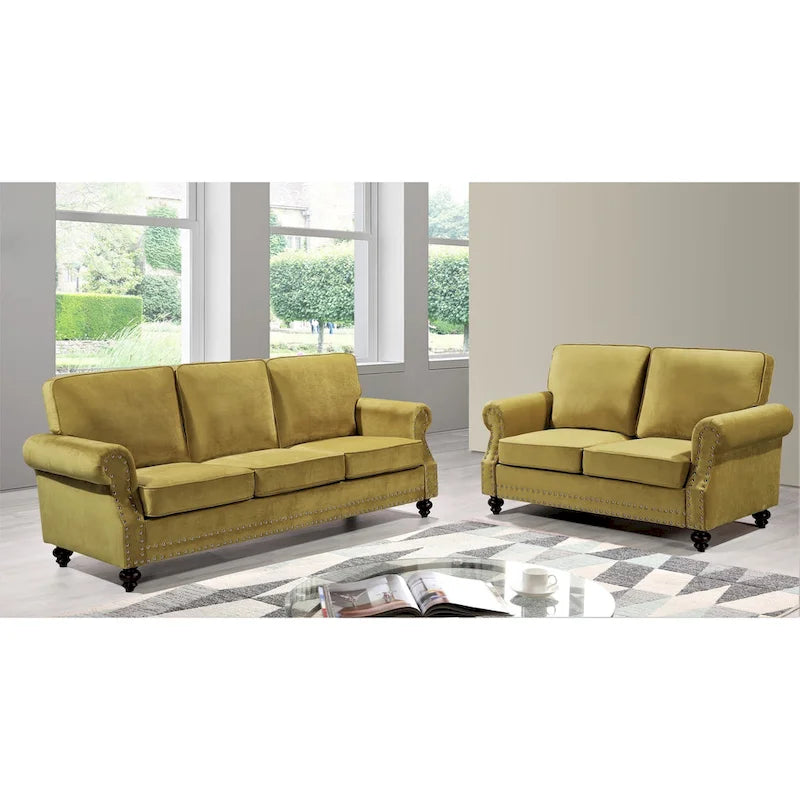 Ensemble 2 pièces Suffield en velours avec têtes de clou – Causeuse et Canapé