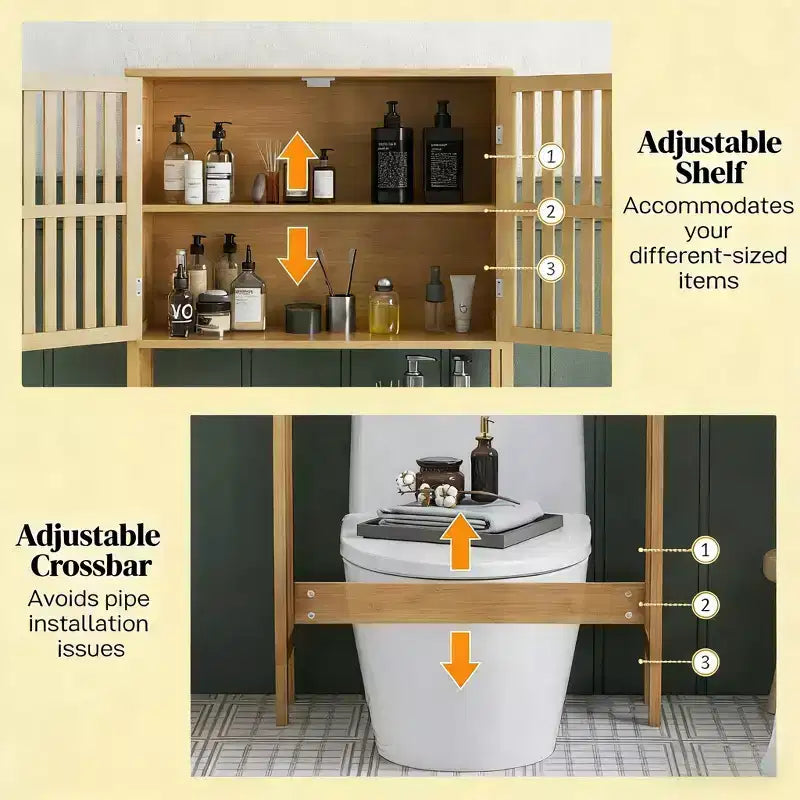 Meuble de rangement vertical en bambou GDFStudio Rhett à poser au-dessus des toilettes avec étagères réglables et portes à lattes