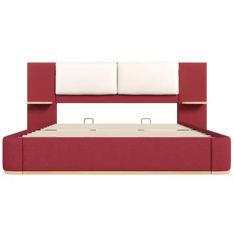 Cadre de lit plateforme capitonné Whisen King Size avec étagères de rangement latérales, tête de lit et panneau en PU doux, anti-collision, assemblage facile