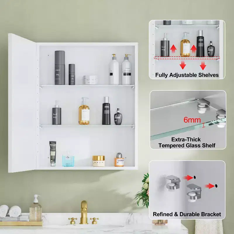 Armoire à pharmacie Elise avec miroir, armoire de salle de bain à montage en surface ou encastré, étagères réglables en verre trempé, réversible