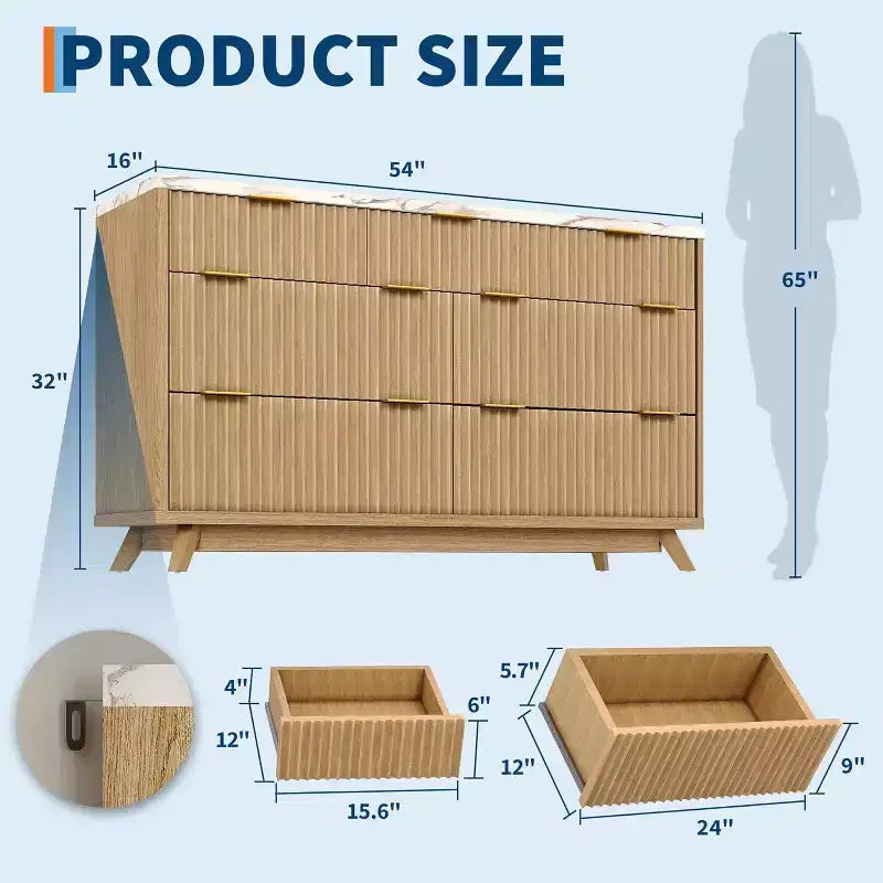 Commode moderne cannelée à 7 tiroirs, meuble de rangement de style Mid-century, organiseur de rangement en bois pour chambre à coucher, salon