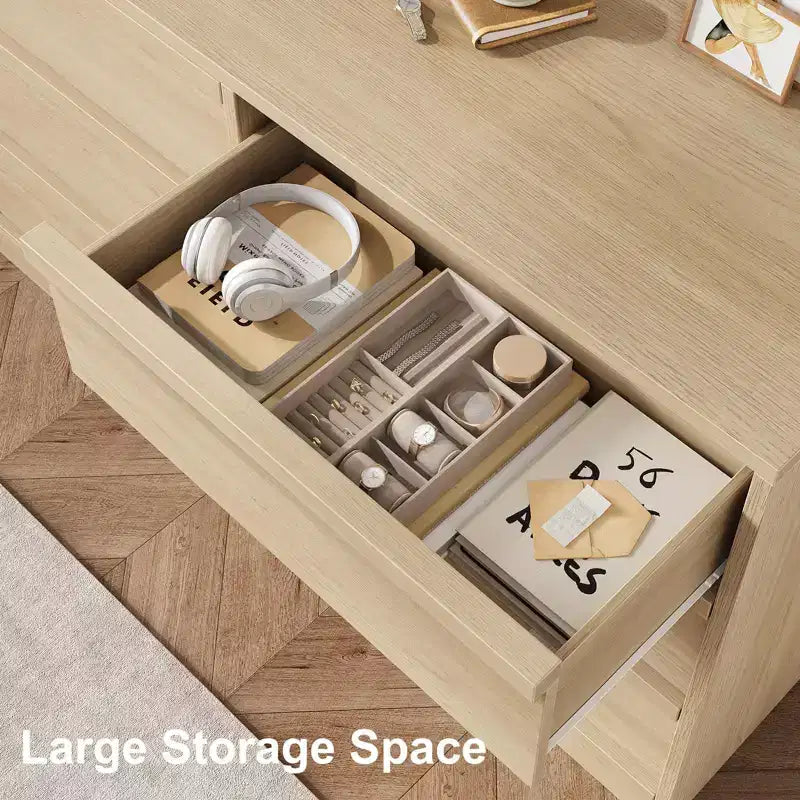 Commode 6 tiroirs en chêne naturel de 119 cm de large, grand buffet en bois avec grande capacité de rangement, pour salon, entrée