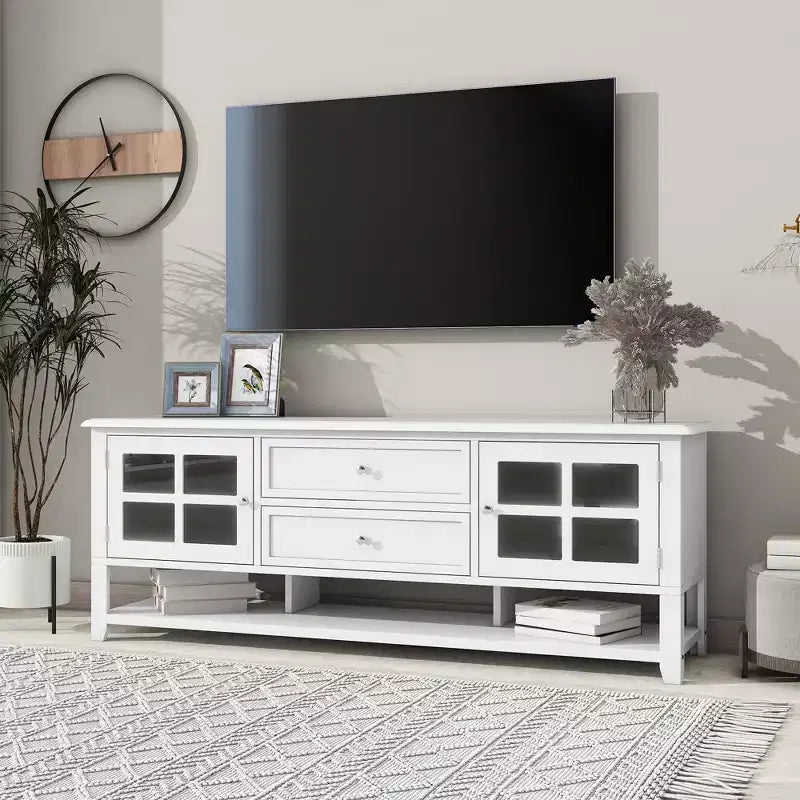 Meuble TV moderne du milieu du siècle TROPOW pour téléviseur de 60 pouces avec espace de rangement multifonctionnel Console multimédia pour salon, chambre et bureau BLANC