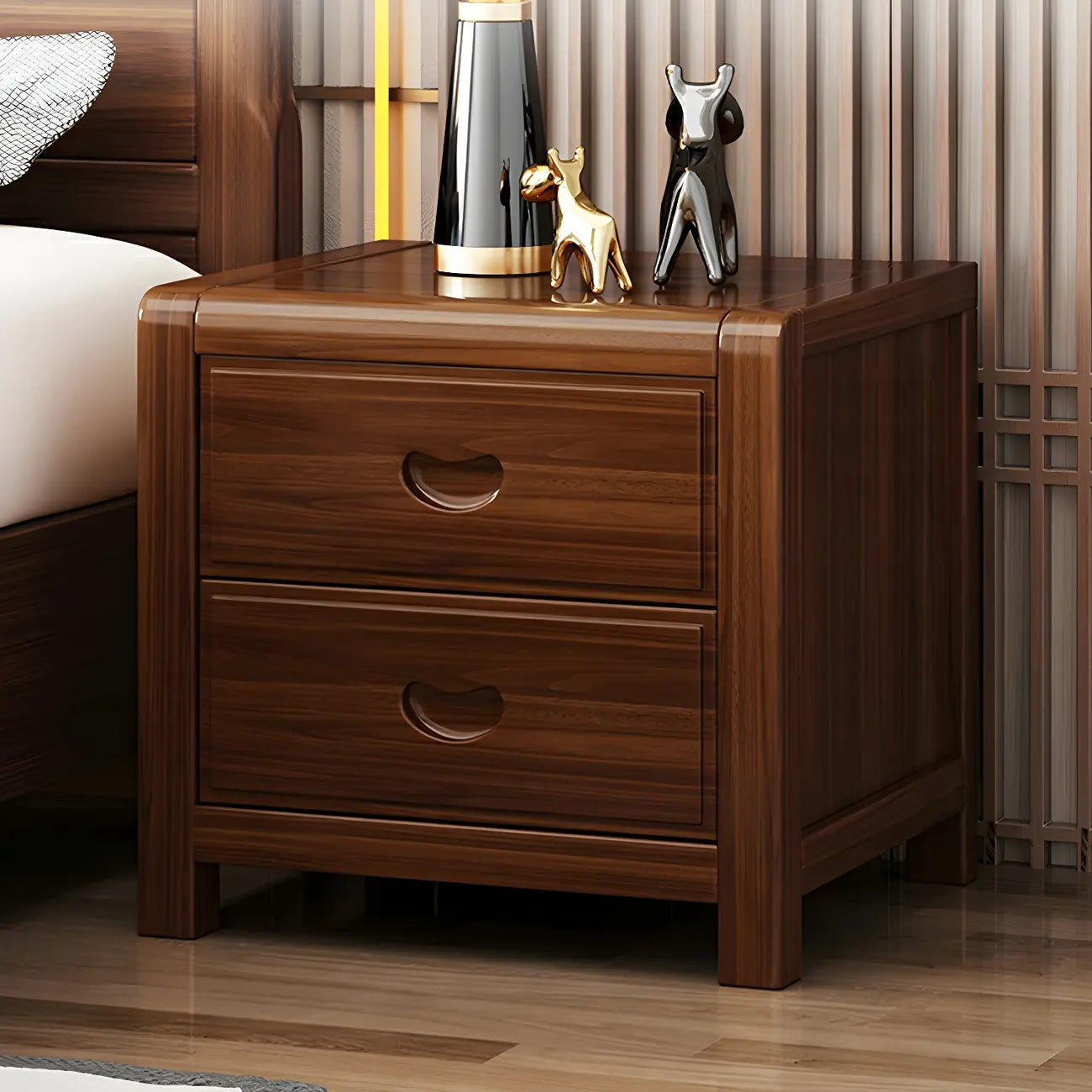 Petite Table de Chevet en Bois Marron Noyer Traditionnel à 2 Tiroirs