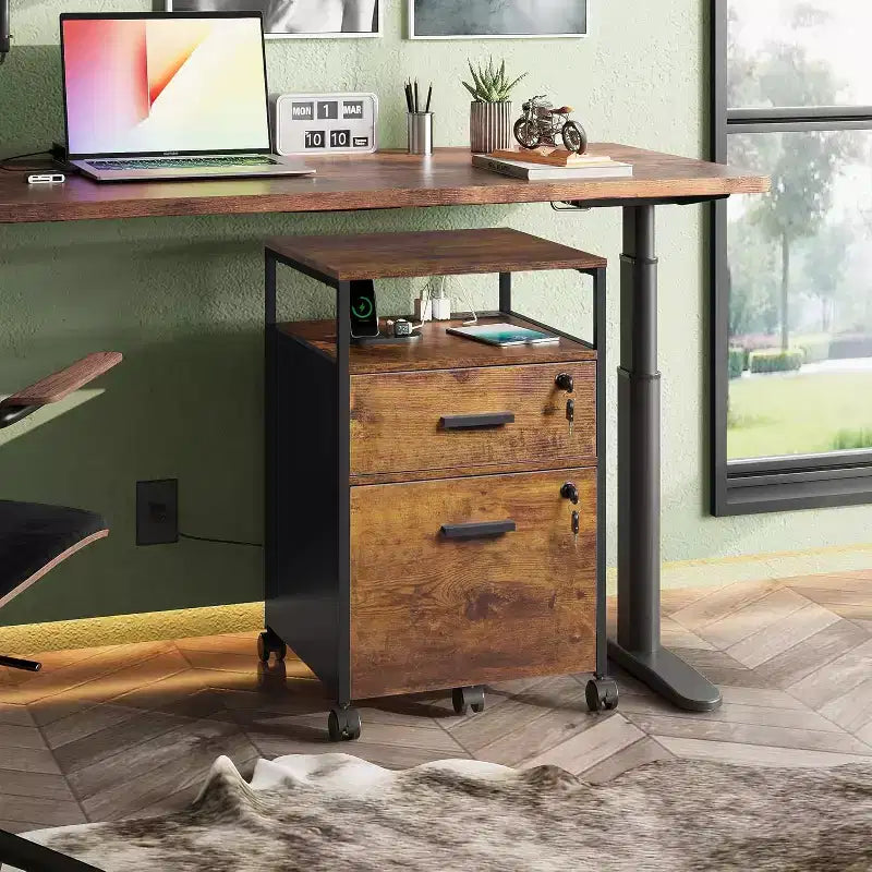 Classeur à 2 tiroirs, support d'imprimante mobile avec étagère de rangement ouverte, meuble de classement en bois pour documents A4 ou format lettre pour bureau à domicile