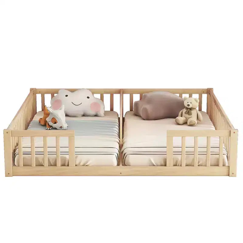 Lit double Bellemave avec barrières de sécurité, en pin et bois composite, naturel et gris, sûr, robuste, peu encombrant, assemblage facile pour enfants