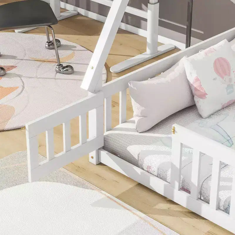 Okak Lit au sol simple/double avec toit amovible en forme de tente et rails de sécurité à 360° pour les tout-petits de 2 à 6 ans, lit pour enfants facile à monter, chambre d'enfant