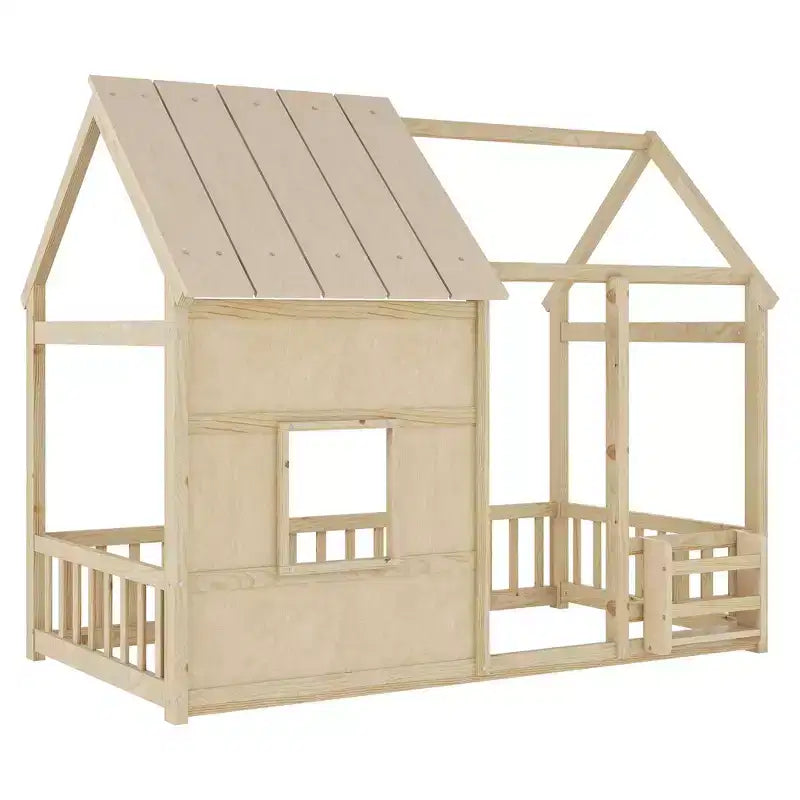 Cadre de lit au sol Whisen Twin Size, lit en forme de maison avec toit, clôture