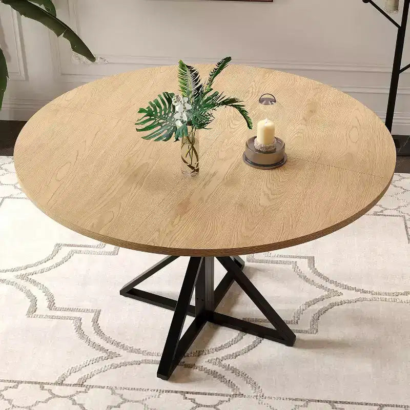 Table de salle à manger ronde de 120 cm pour 4 personnes, tables de cuisine en bois avec pied en métal et plateau en 4 parties, peu encombrante, table de dîner circulaire pour la maison