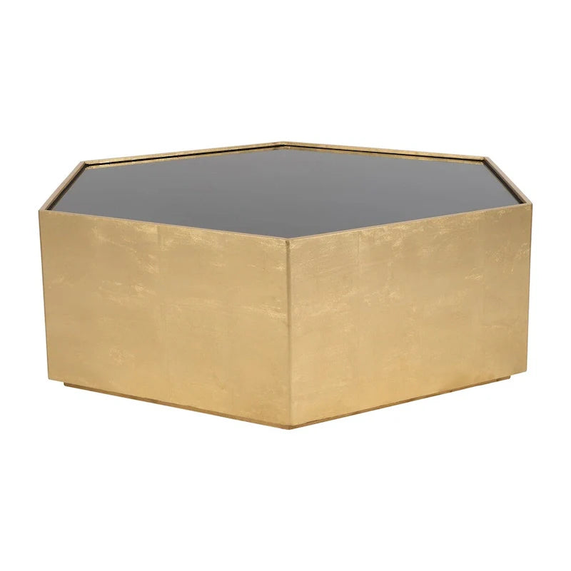 Table basse hexagonale moderne en bois doré avec plateau en verre - 48 x 42 x 16