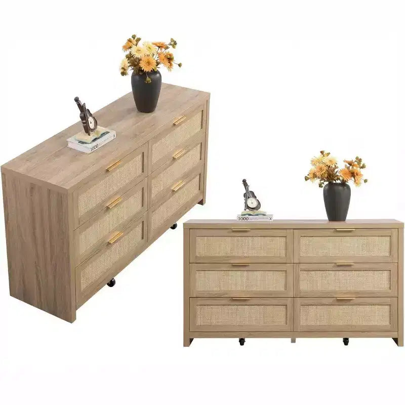 Commode à 6 tiroirs avec façade en rotin, 144 cm de large, Commode à 3 tiroirs avec roulettes, Armoire de rangement en bois épais et robuste pour chambre à coucher, salon