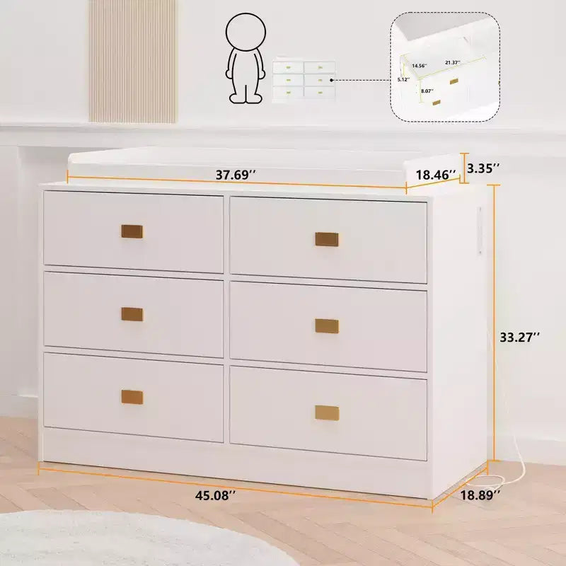 Commode de chambre d'enfant Coolmee avec plan à langer, commode bébé à 6 tiroirs avec kit anti-basculement, plateau étanche et rails de sécurité pour l'organisation du rangement