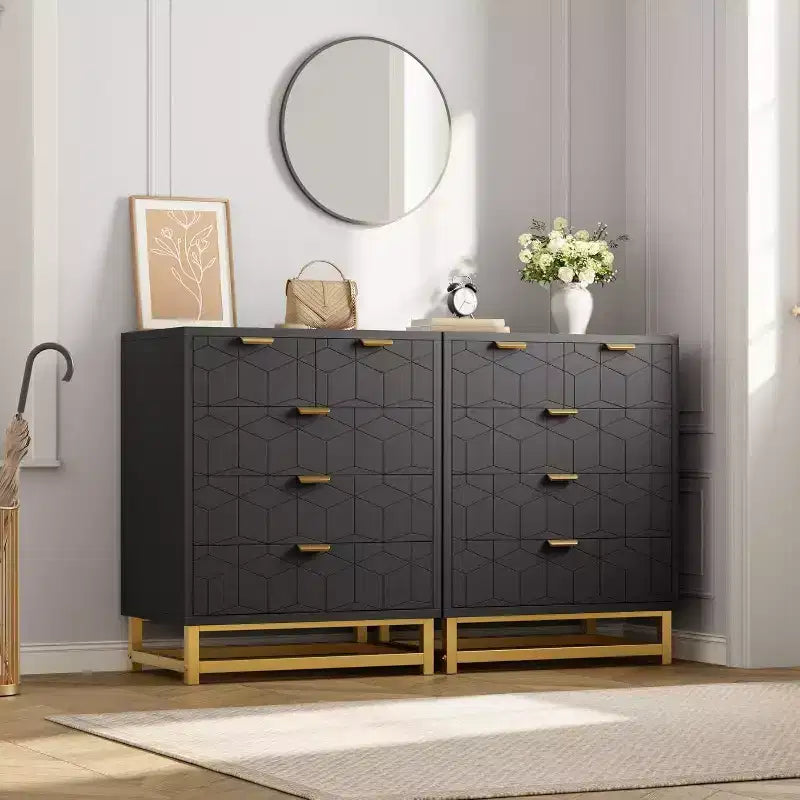 Commode de rangement moderne Acekool à 5 tiroirs avec poignées métalliques pour chambre, salon ou entrée - Blanc avec pieds en métal doré