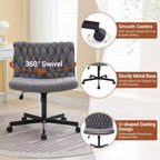 Chaise de bureau à roulettes, Chaise croisée en tissu gris, Chaise de bureau pivotante à roulettes, Chaise d'ordinateur à siège large, Chaise de vanité réglable en hauteur