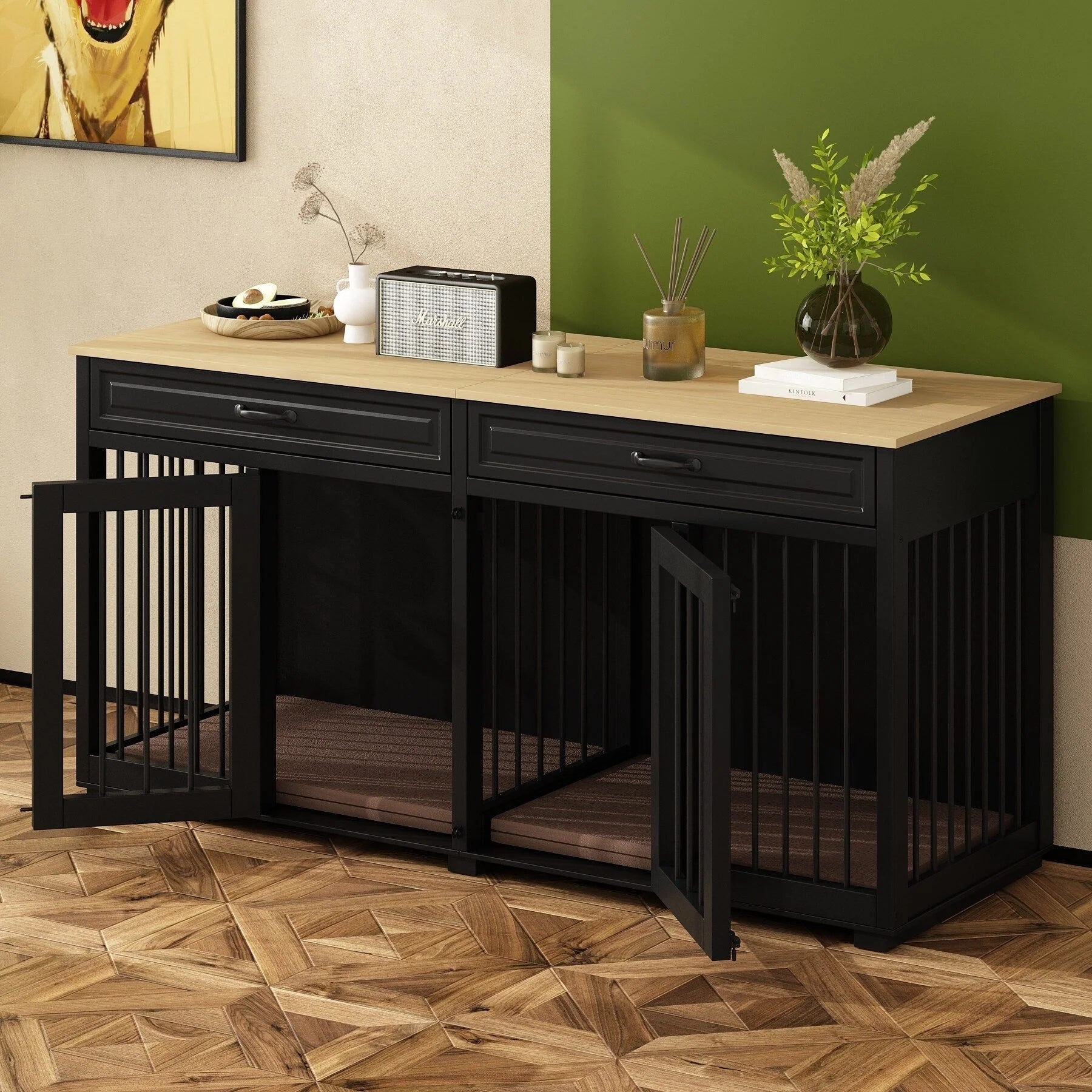 Meuble de chenil double en bois avec 2 tiroirs et séparateur