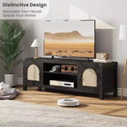 Meuble TV bohème de 65 pouces avec porte en rotin - Meuble de divertissement en bois avec deux armoires et étagères réglables, adapté aux salons