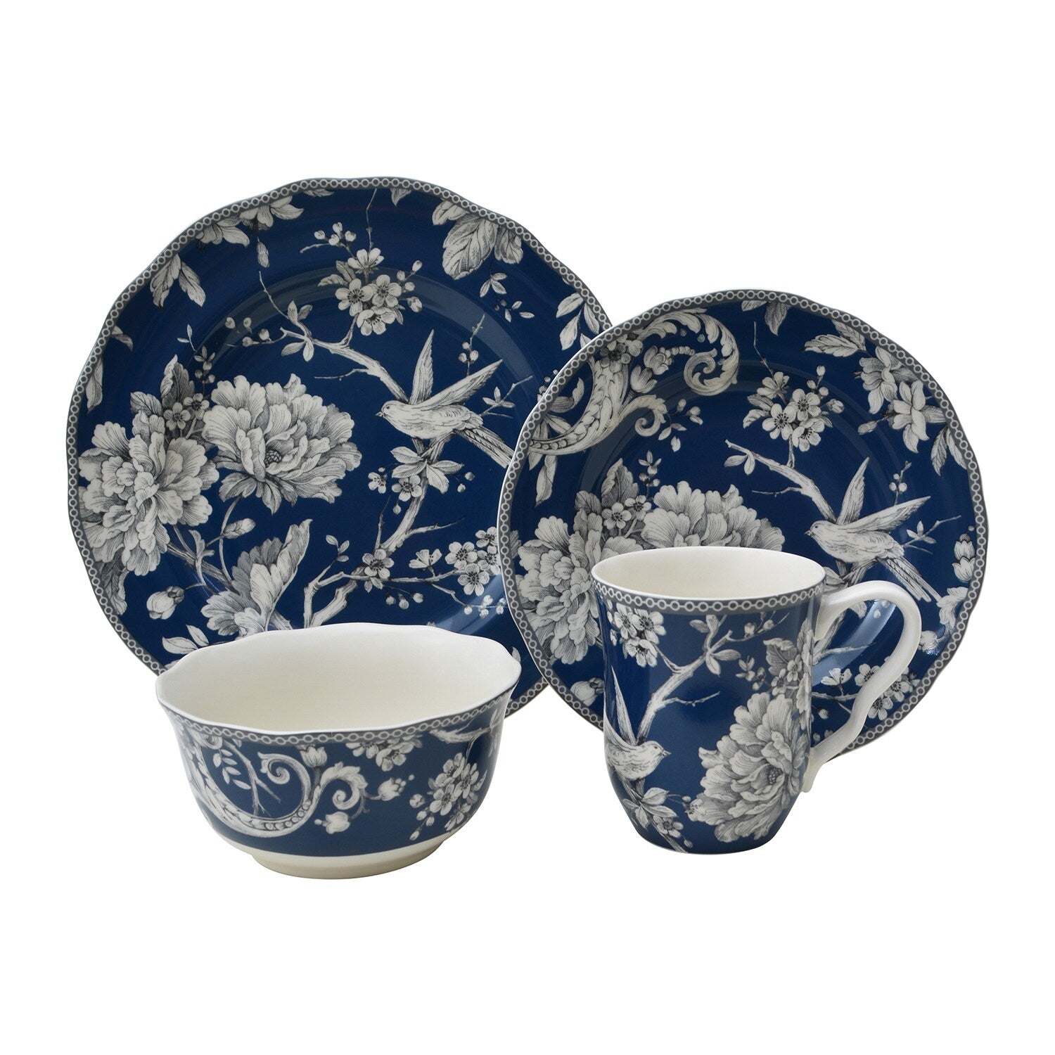 Service de table 16 pièces en porcelaine 222 Fifth Adelaide avec assiettes rondes, bols et tasses, bleu foncé