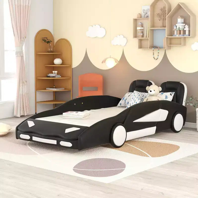 Lit Plateforme Jumeau Whisen au Design Cool en Forme de Voiture de Course avec Roues